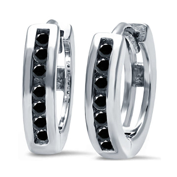 Half Eternity Hoop Earrings Round Simulated Black CZ 925 Sterling Silver (11mm)
